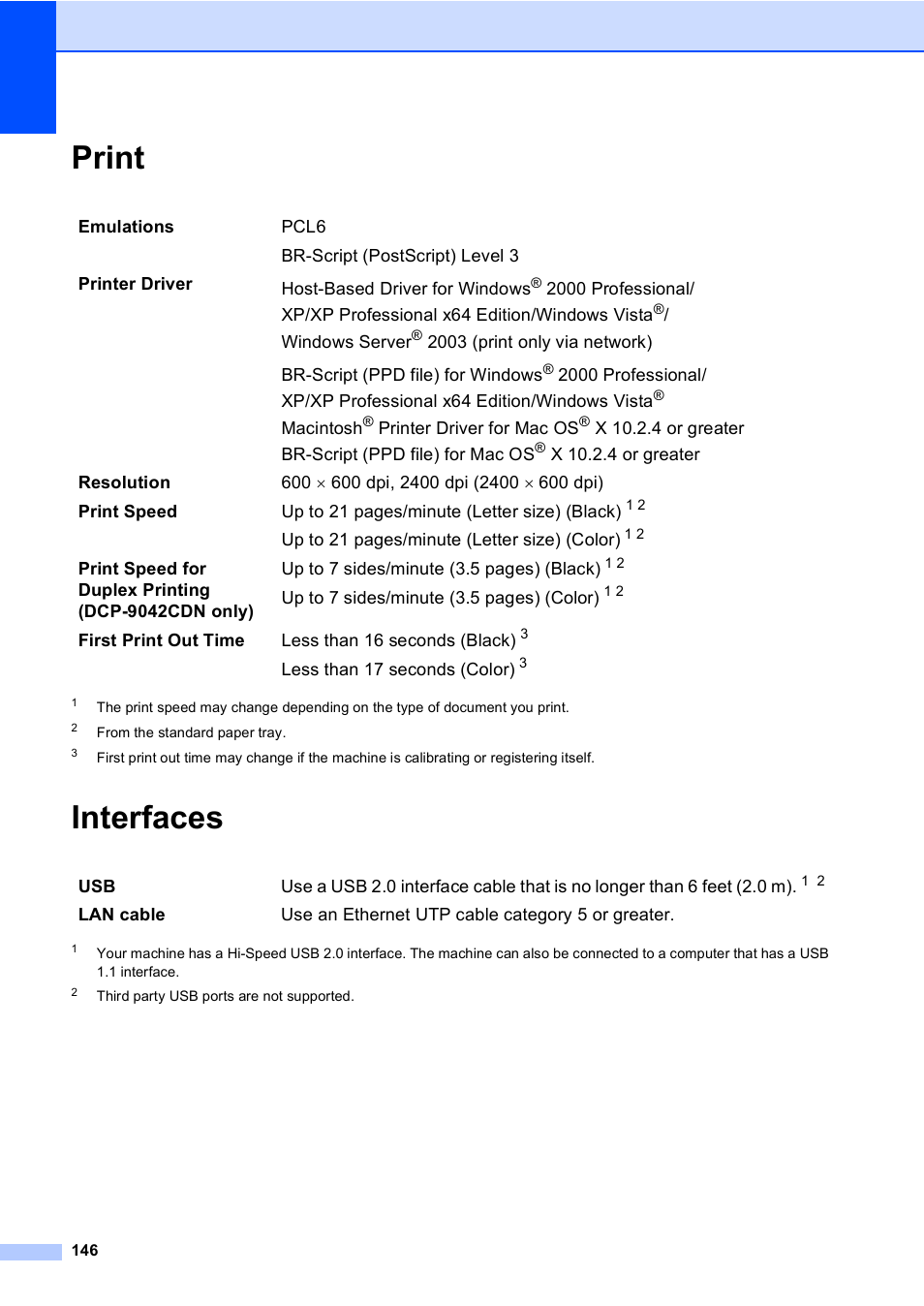 Print, Interfaces, Print interfaces | Brother DCP 9040CN User Manual | Page 158 / 167