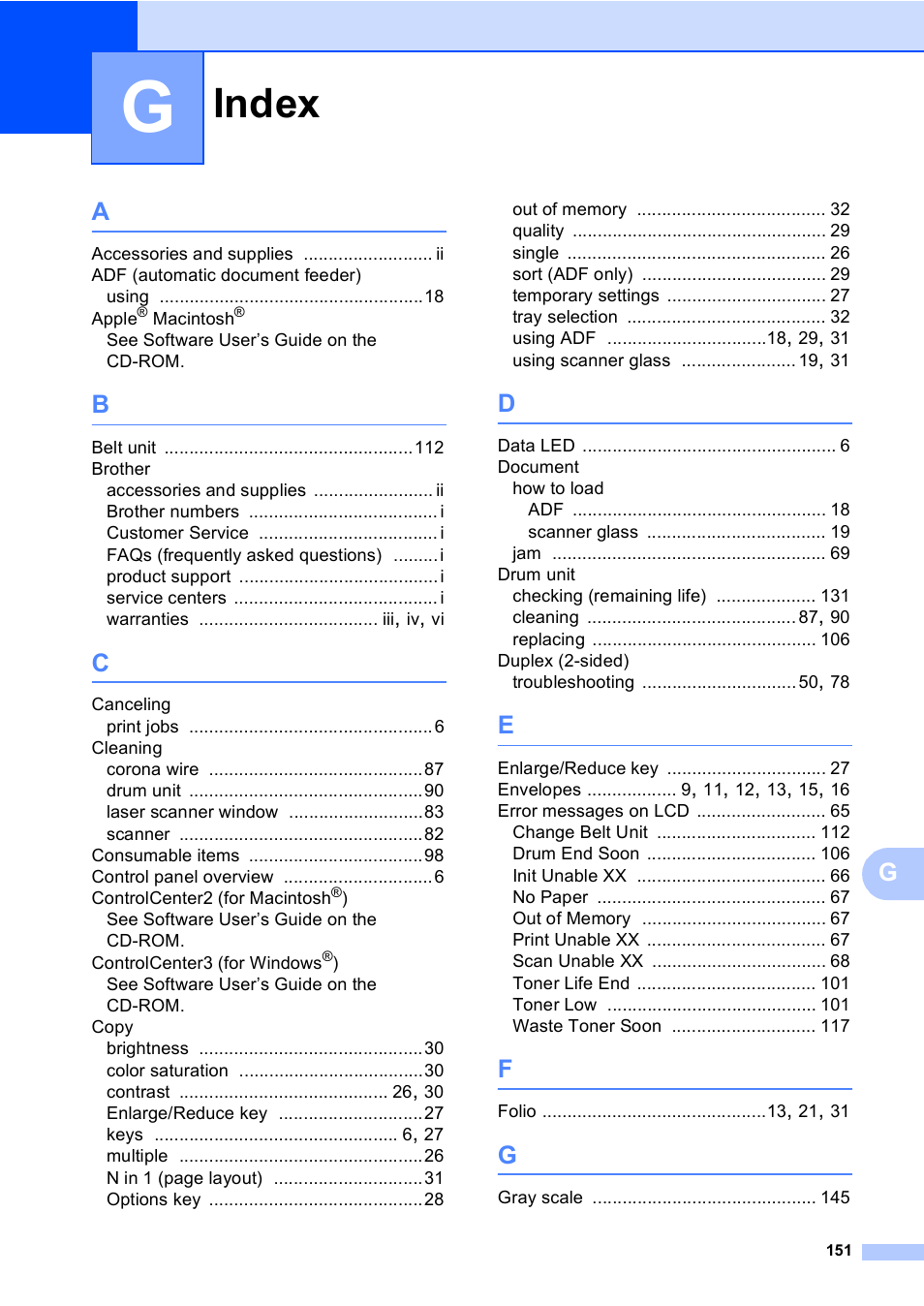 Index | Brother DCP 9040CN User Manual | Page 163 / 167
