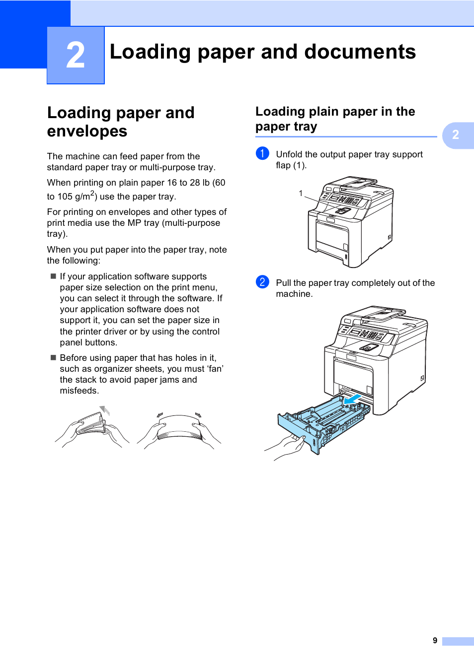 2 loading paper and documents, Loading paper and envelopes, Loading plain paper in the paper tray | Loading paper and documents | Brother DCP 9040CN User Manual | Page 21 / 167