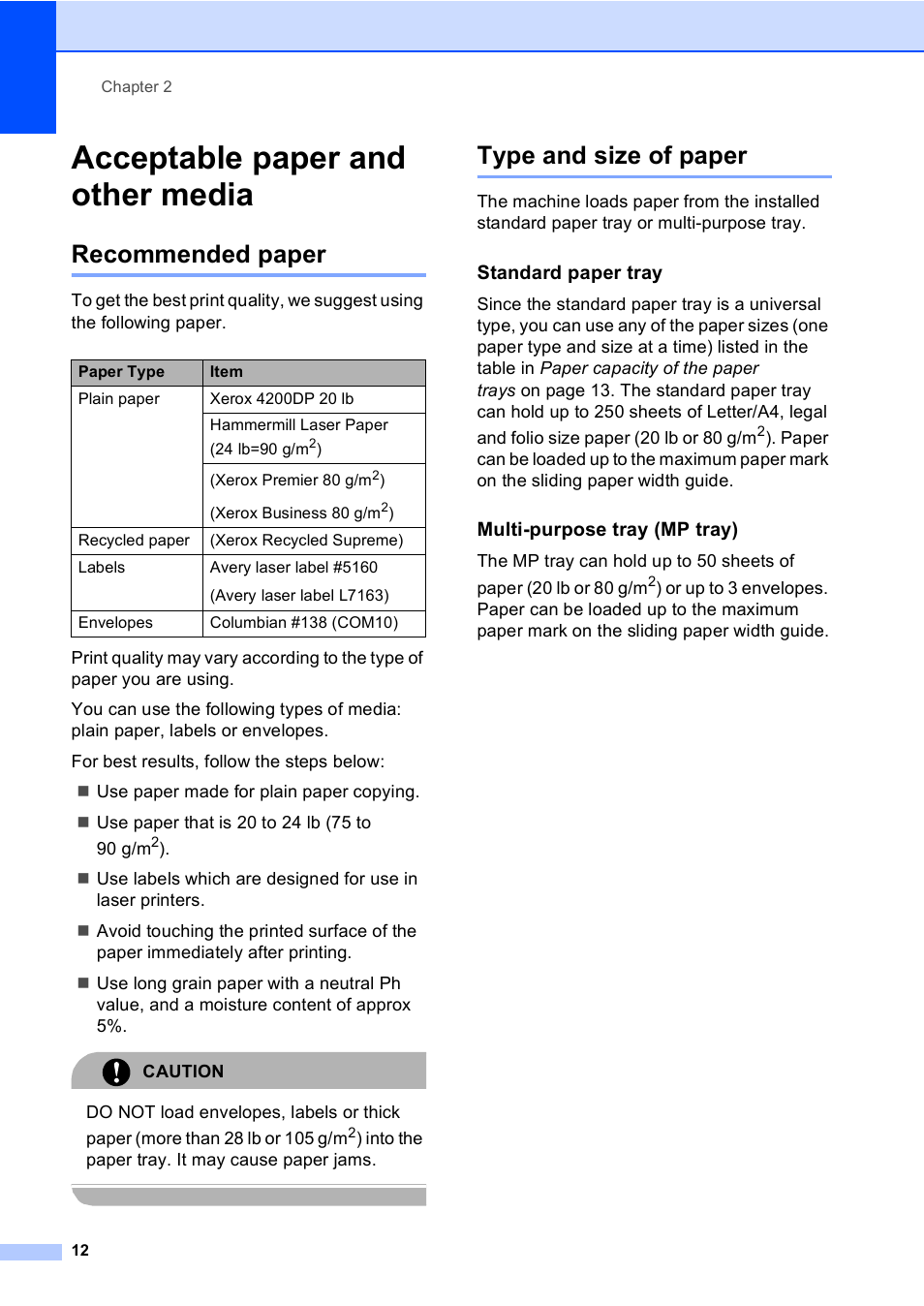 Acceptable paper and other media, Recommended paper, Type and size of paper | Standard paper tray, Multi-purpose tray (mp tray), Recommended paper type and size of paper | Brother DCP 9040CN User Manual | Page 24 / 167