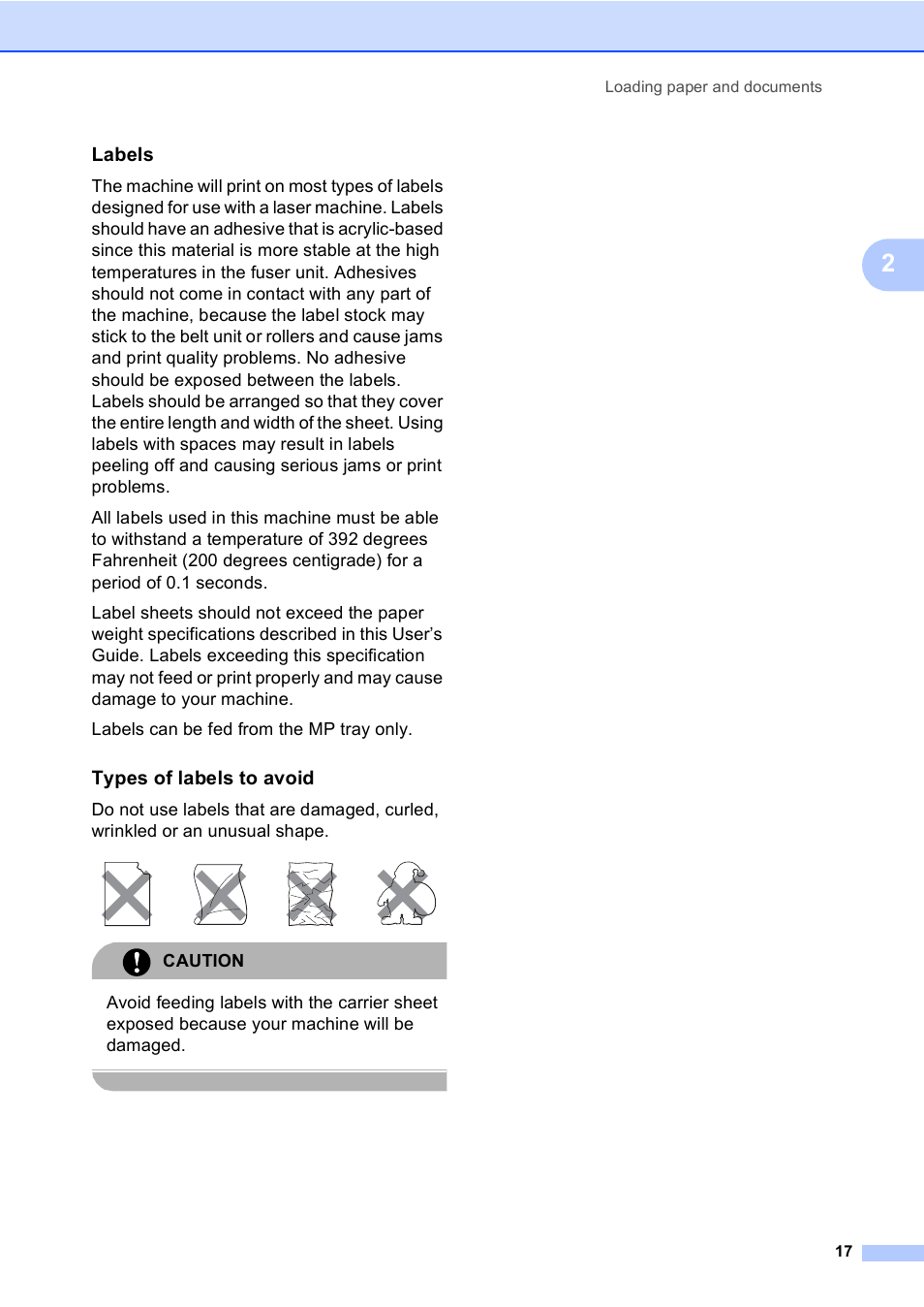 Labels, Types of labels to avoid, Caution | Brother DCP 9040CN User Manual | Page 29 / 167
