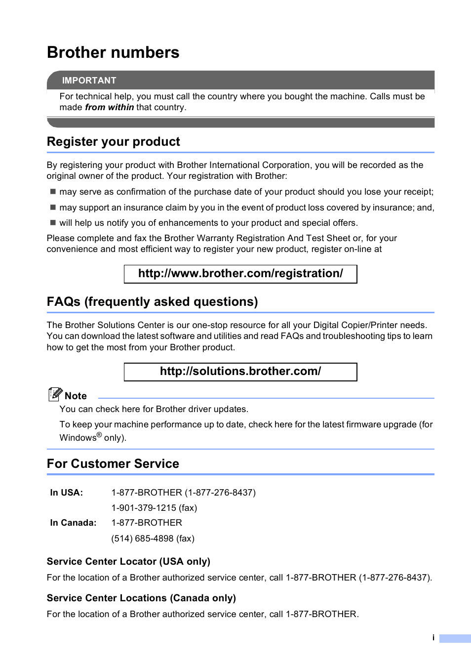 Brother numbers, Register your product, Faqs (frequently asked questions) | For customer service | Brother DCP 9040CN User Manual | Page 3 / 167