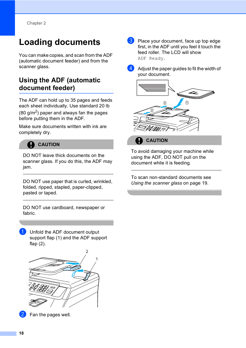 Loading documents, Using the adf (automatic document feeder), Do not use cardboard, newspaper or fabric | Fan the pages well, Caution | Brother DCP 9040CN User Manual | Page 30 / 167