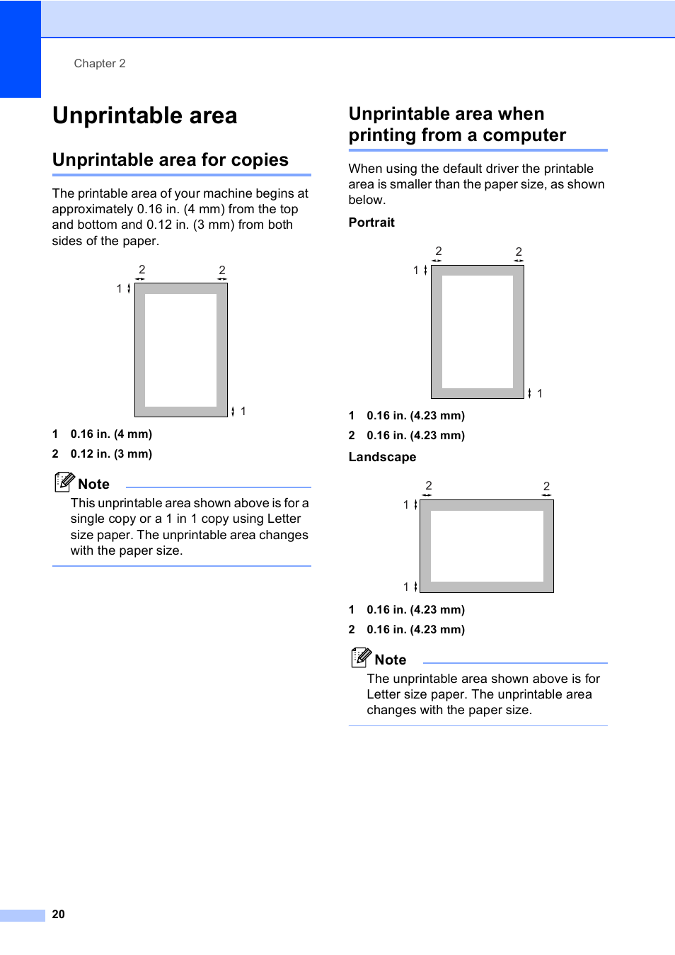 Unprintable area, Unprintable area for copies, Unprintable area when printing from a computer | Brother DCP 9040CN User Manual | Page 32 / 167