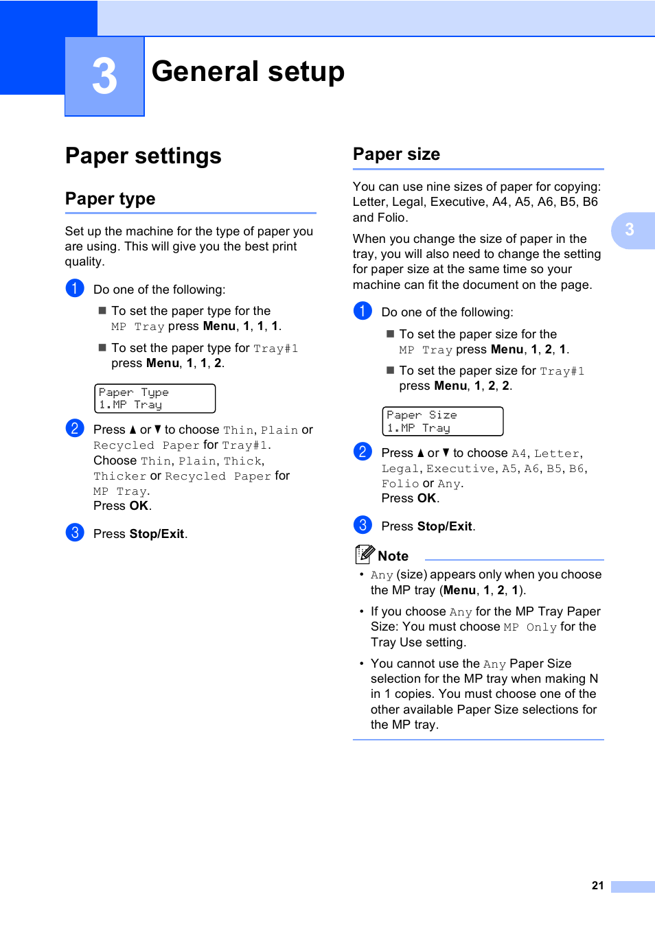 3 general setup, Paper settings, Paper type | Paper size, General setup, Paper type paper size | Brother DCP 9040CN User Manual | Page 33 / 167