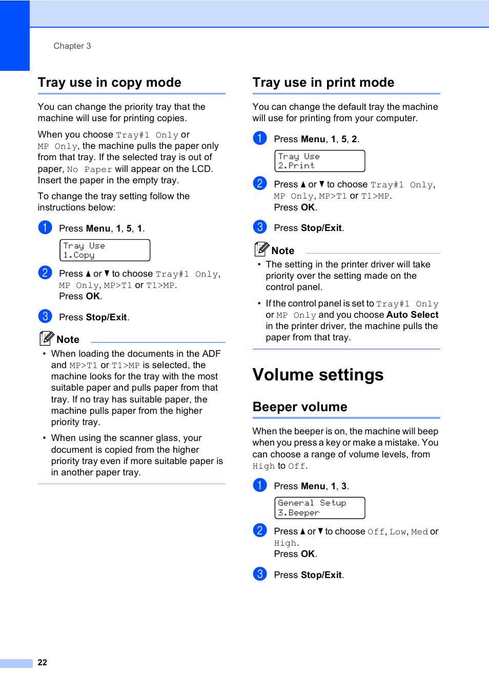 Tray use in copy mode, Tray use in print mode, Volume settings | Beeper volume, Tray use in copy mode tray use in print mode | Brother DCP 9040CN User Manual | Page 34 / 167