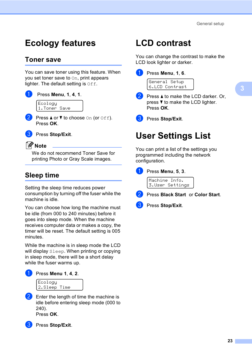Ecology features, Toner save, Sleep time | Lcd contrast, User settings list, Toner save sleep time, Lcd contrast user settings list | Brother DCP 9040CN User Manual | Page 35 / 167