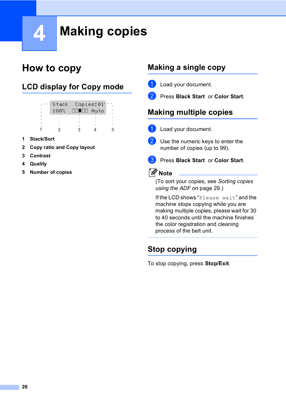 4 making copies, How to copy, Lcd display for copy mode | Making a single copy, Making multiple copies, Stop copying, Making copies | Brother DCP 9040CN User Manual | Page 38 / 167