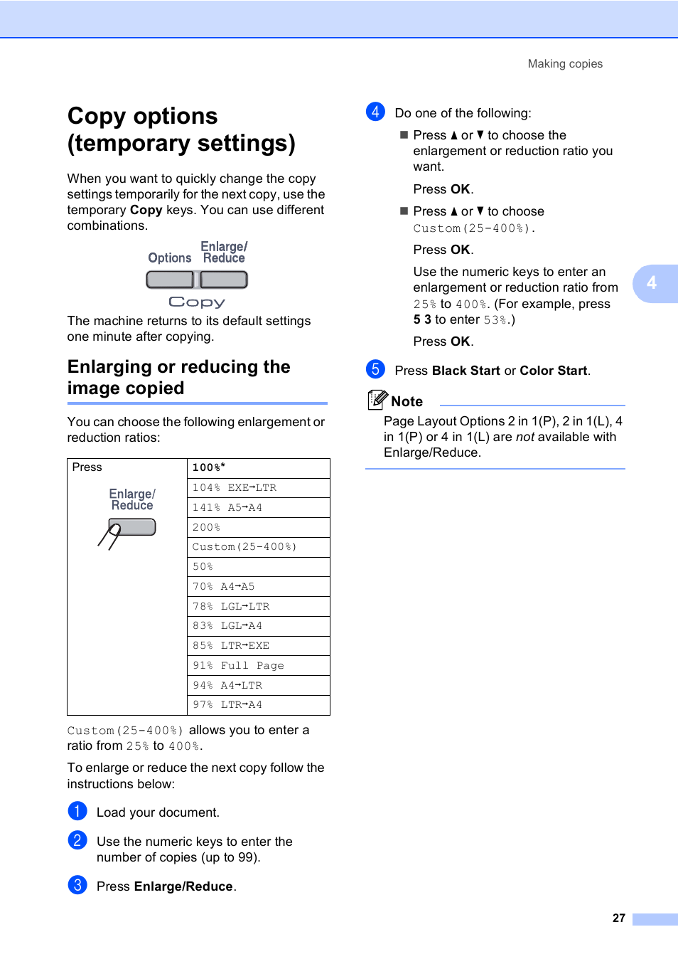 Copy options (temporary settings), Enlarging or reducing the image copied | Brother DCP 9040CN User Manual | Page 39 / 167