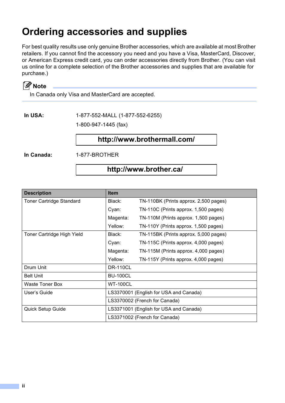 Ordering accessories and supplies | Brother DCP 9040CN User Manual | Page 4 / 167