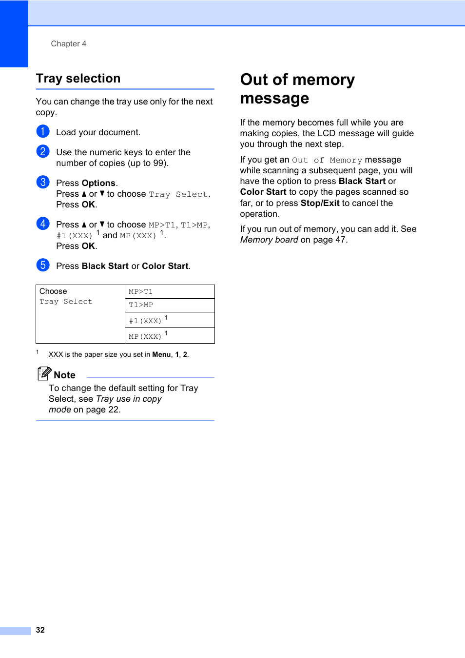Tray selection, Out of memory message | Brother DCP 9040CN User Manual | Page 44 / 167