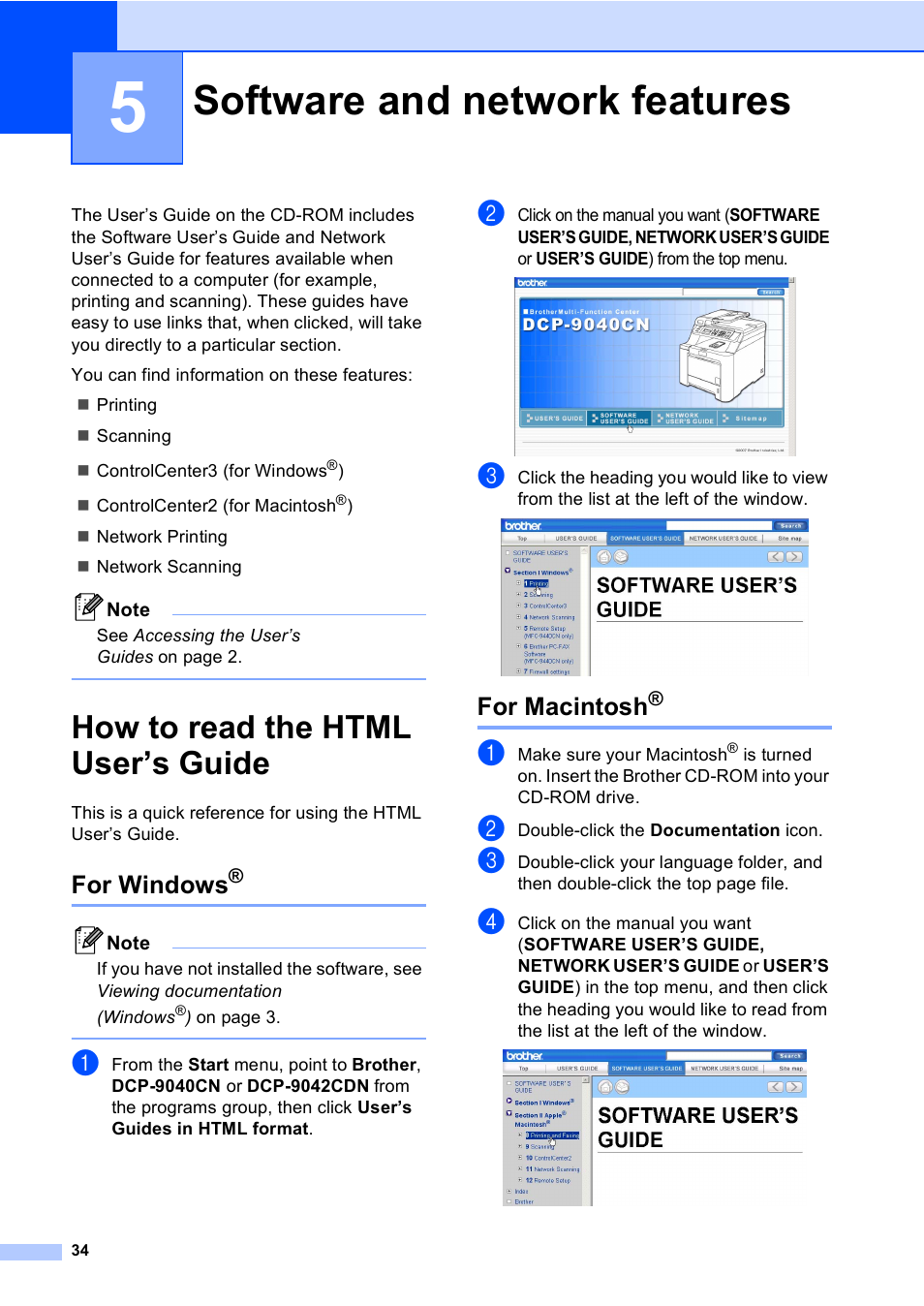 5 software and network features, How to read the html user’s guide, For windows | For macintosh, Software and network features | Brother DCP 9040CN User Manual | Page 46 / 167