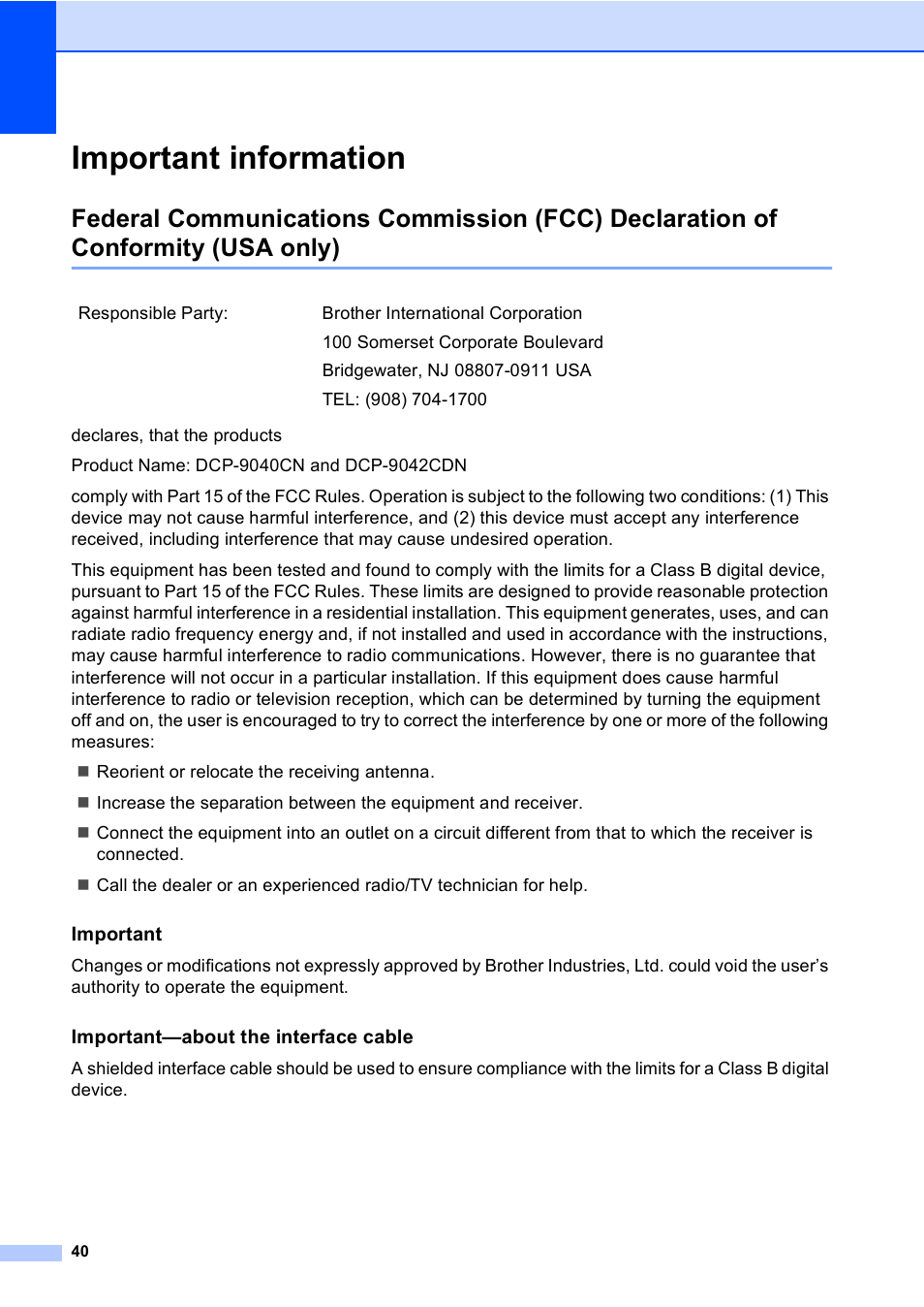 Important information, Important, Important-about the interface cable | Usa only) | Brother DCP 9040CN User Manual | Page 52 / 167