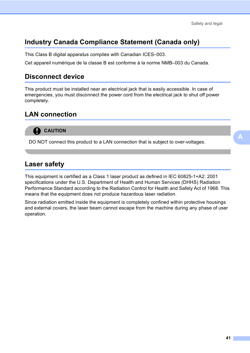 Industry canada compliance statement (canada only), Disconnect device, Lan connection | Laser safety | Brother DCP 9040CN User Manual | Page 53 / 167