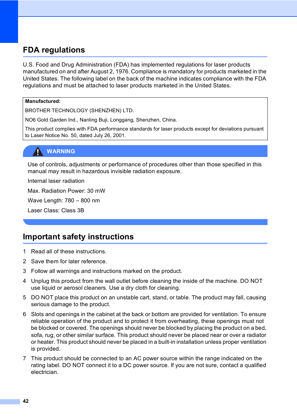 Fda regulations, Important safety instructions, Fda regulations important safety instructions | Brother DCP 9040CN User Manual | Page 54 / 167