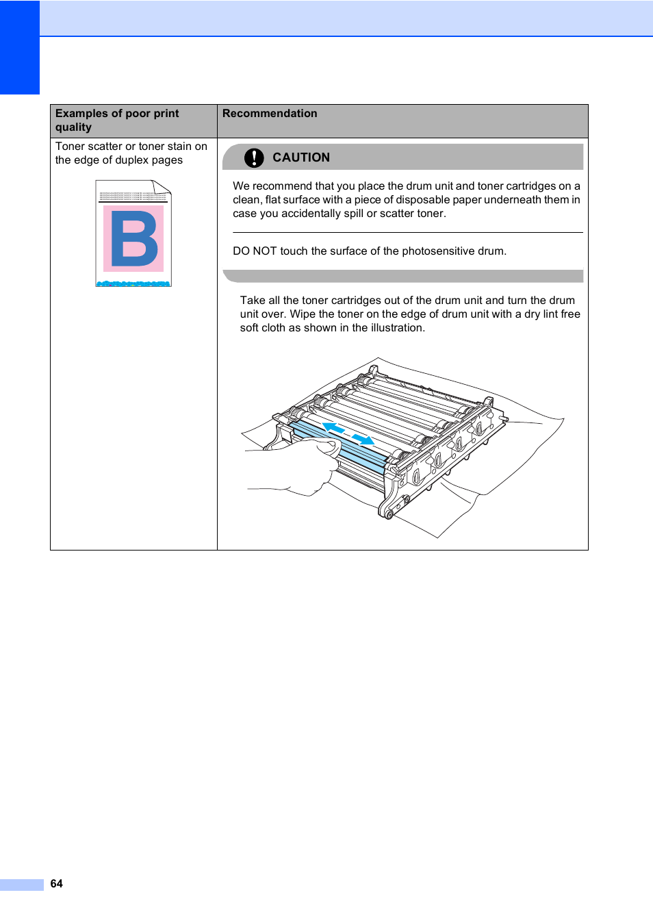 Caution, Examples of poor print quality recommendation | Brother DCP 9040CN User Manual | Page 76 / 167