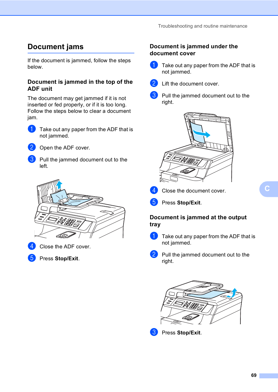 Document jams, Document is jammed in the top of the adf unit, Document is jammed under the document cover | Document is jammed at the output tray, Cdocument jams | Brother DCP 9040CN User Manual | Page 81 / 167