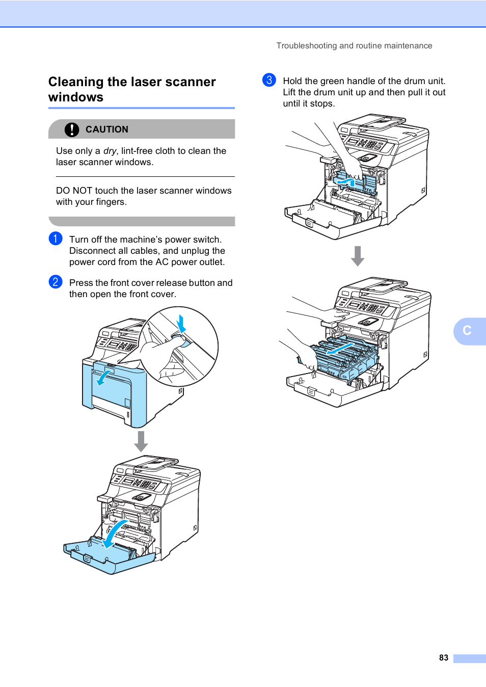 Cleaning the laser scanner windows, Ccleaning the laser scanner windows | Brother DCP 9040CN User Manual | Page 95 / 167
