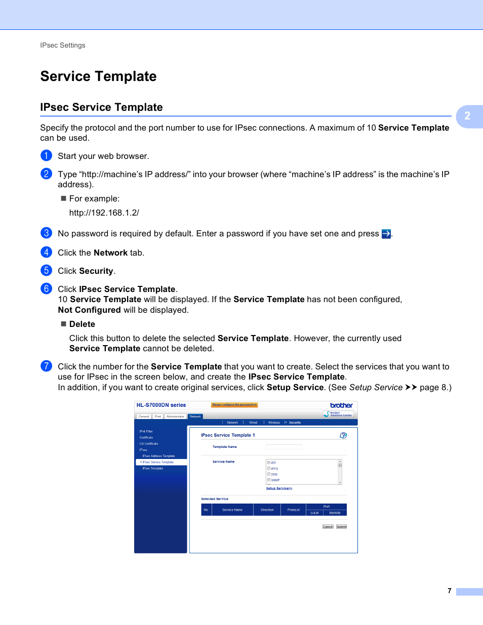 Service template, Ipsec service template | Brother HL-S7000DN User Manual | Page 10 / 26