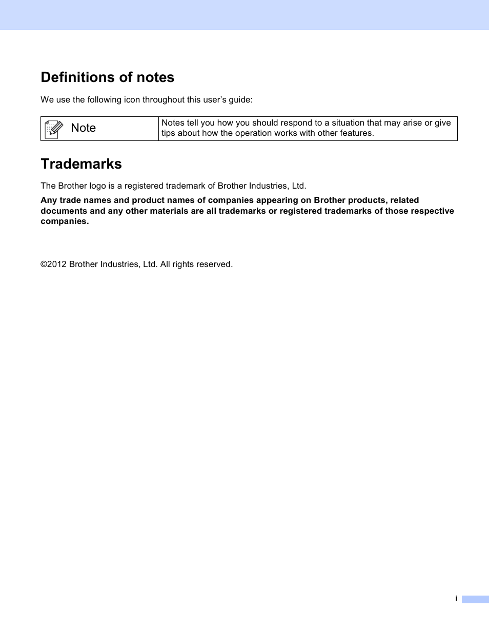 Definitions of notes, Trademarks | Brother HL-S7000DN User Manual | Page 2 / 26