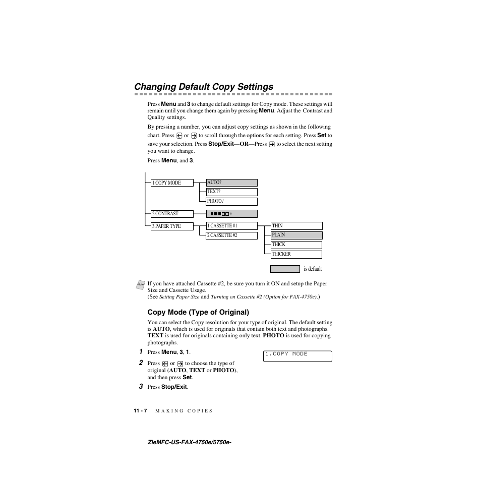 Changing default copy settings, Copy mode (type of original), Changing default copy settings -7 | Copy mode (type of original) -7 | Brother FAX-5750e User Manual | Page 101 / 231