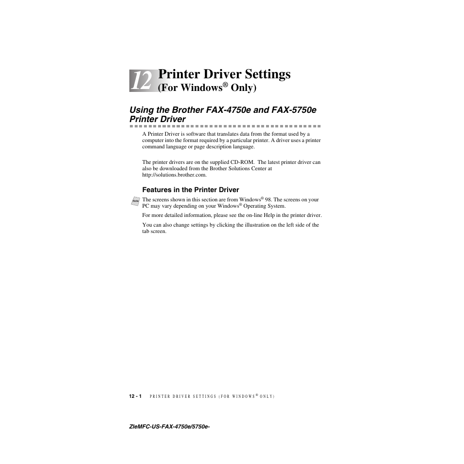 12 printer driver settings (for windows® only), Features in the printer driver, Printer driver settings (for windows | Only) -1, Features in the printer driver -1, Printer driver settings, For windows, Only) | Brother FAX-5750e User Manual | Page 103 / 231