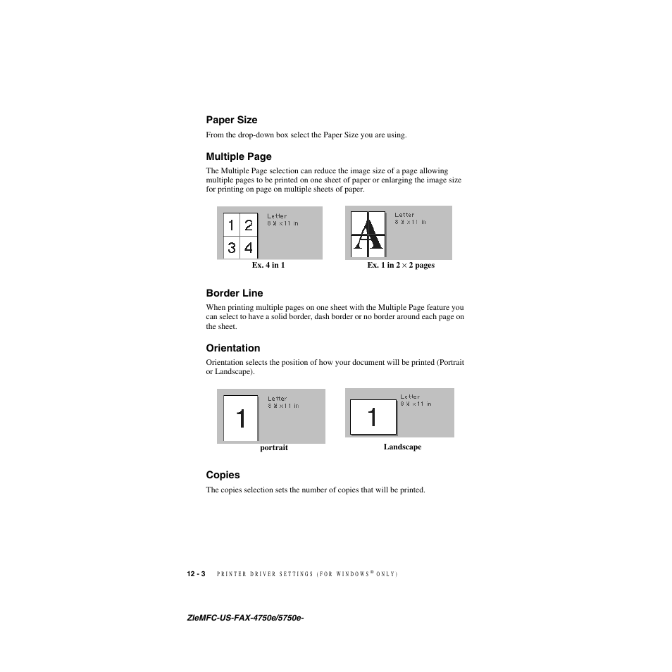 Paper size, Border line, Orientation | Copies, Multiple page | Brother FAX-5750e User Manual | Page 105 / 231