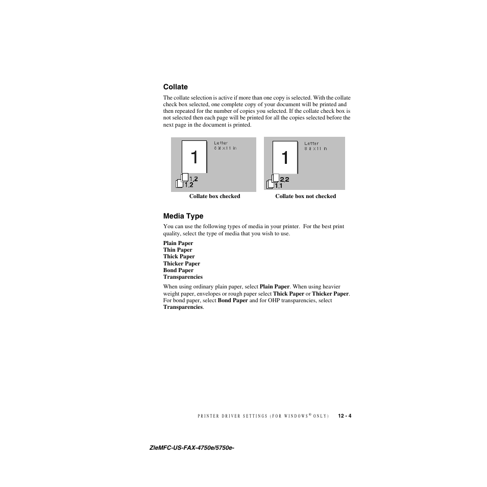 Collate, Media type, Collate -4 media type -4 | Brother FAX-5750e User Manual | Page 106 / 231