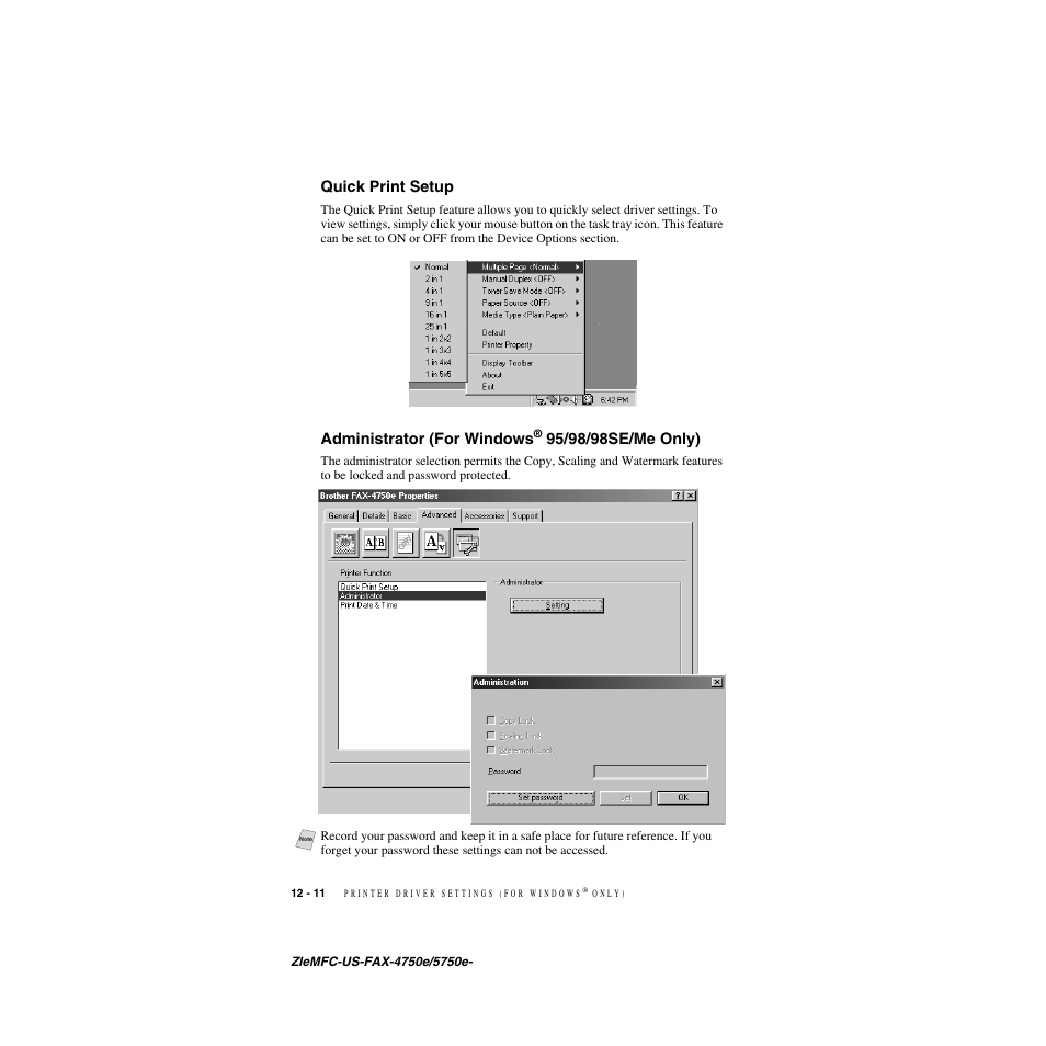 Quick print setup, Administrator (for windows® 95/98/98se/me only), Quick print setup -11 administrator (for windows | 95/98/98se/me only) -11, Administrator (for windows | Brother FAX-5750e User Manual | Page 113 / 231