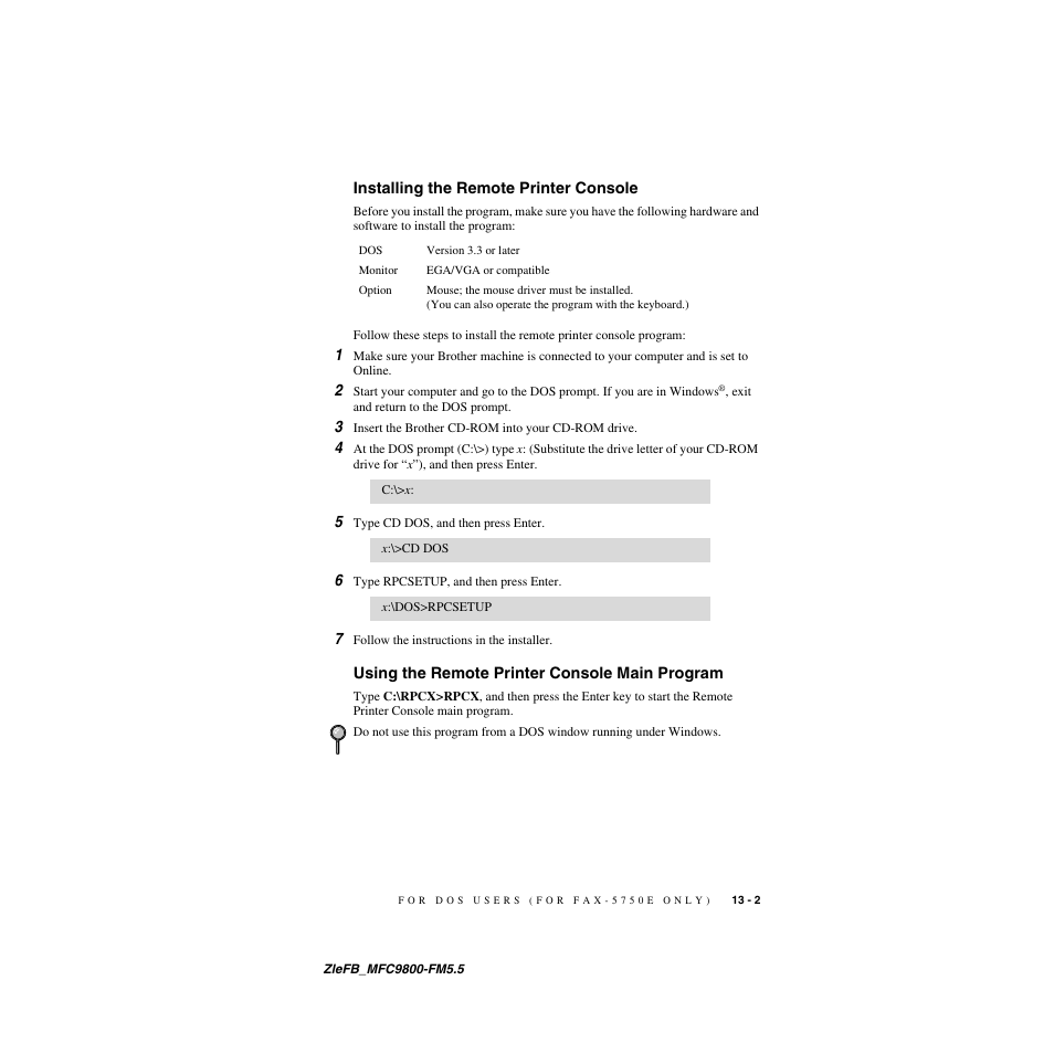 Installing the remote printer console, Using the remote printer console main program | Brother FAX-5750e User Manual | Page 124 / 231