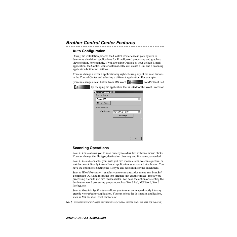 Brother control center features, Auto configuration, Scanning operations | Brother control center features -3, Auto configuration -3 scanning operations -3 | Brother FAX-5750e User Manual | Page 127 / 231