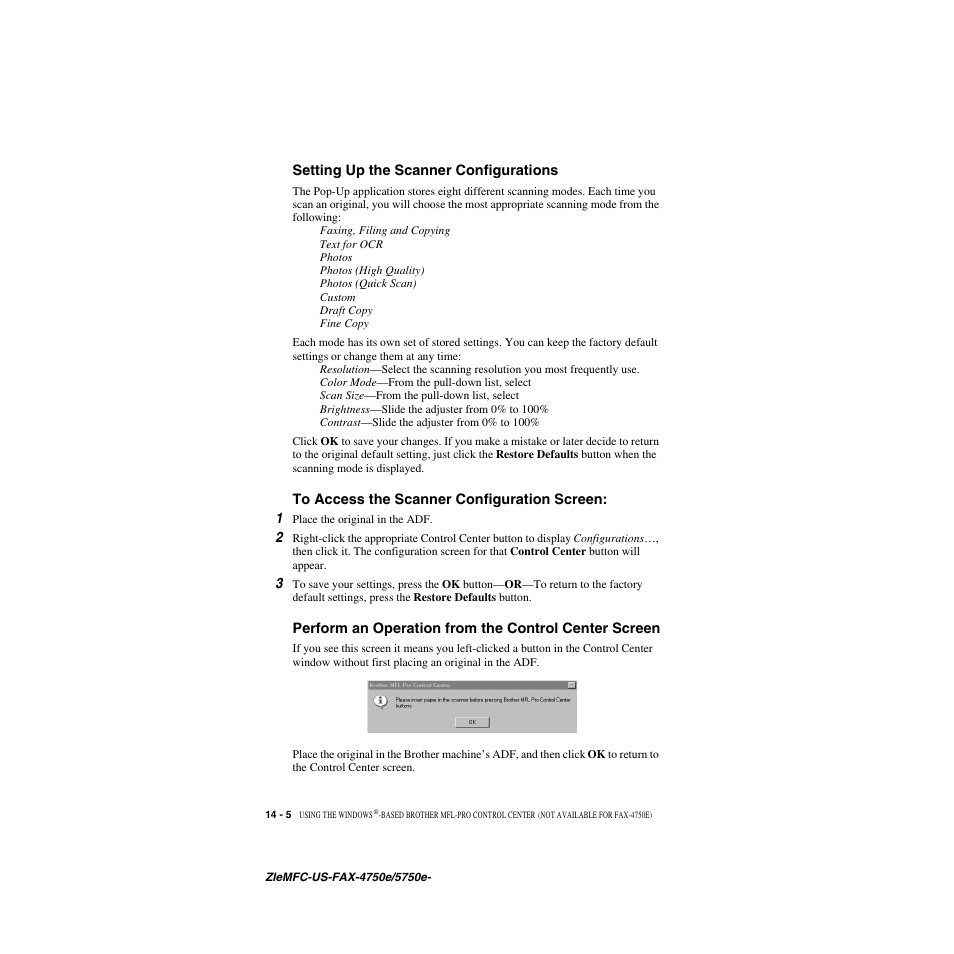 Setting up the scanner configurations, To access the scanner configuration screen | Brother FAX-5750e User Manual | Page 129 / 231