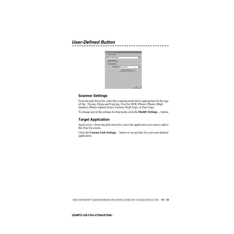 User-defined button, Scanner settings, Target application | User-defined button -12, Scanner settings -12 target application -12 | Brother FAX-5750e User Manual | Page 136 / 231