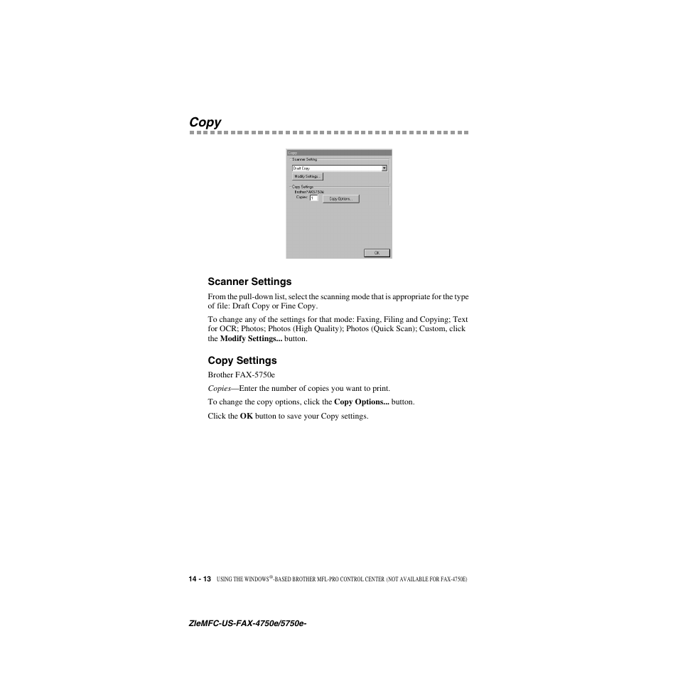 Copy, Scanner settings, Copy settings | Copy -13, Scanner settings -13 copy settings -13 | Brother FAX-5750e User Manual | Page 137 / 231