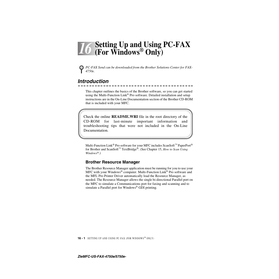 16 setting up and using pc-fax (for windows® only), Introduction, Brother resource manager | Setting up and using pc-fax (for windows, Only) -1, Introduction -1, Brother resource manager -1, Only) | Brother FAX-5750e User Manual | Page 151 / 231