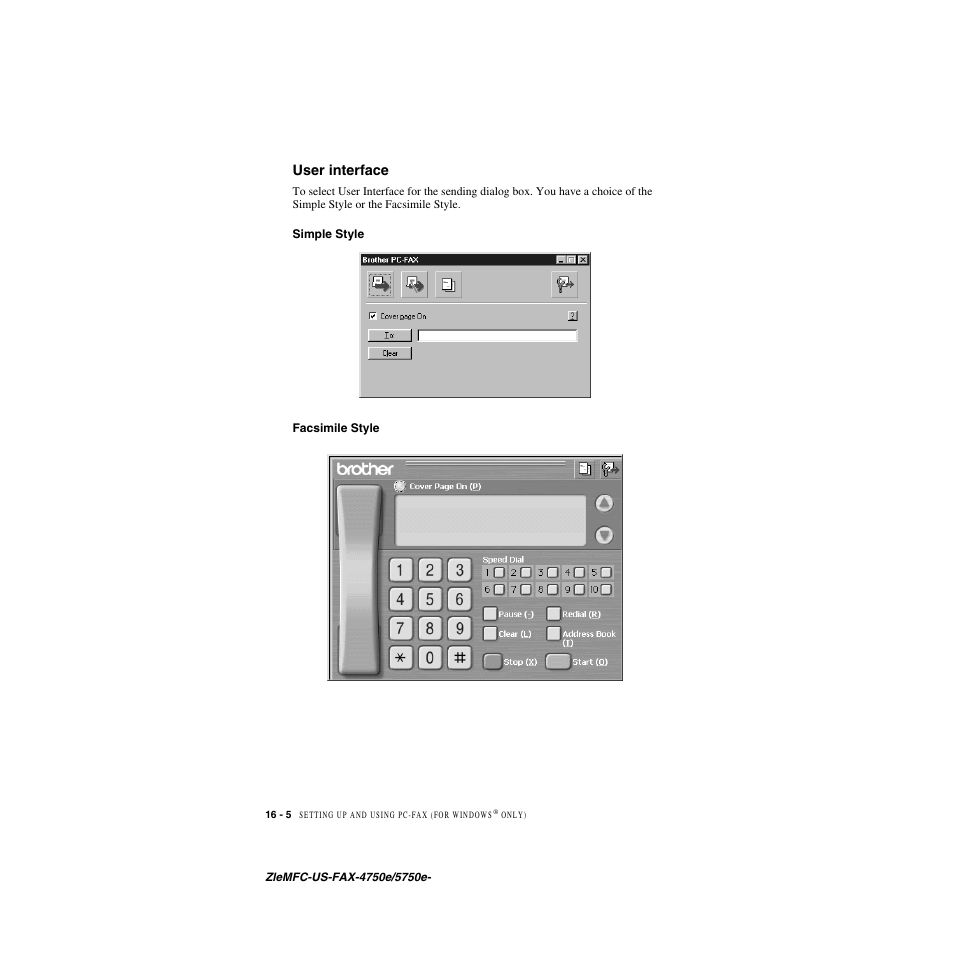 User interface, Simple style, Facsimile style | User interface -5, Simple style -5 facsimile style -5 | Brother FAX-5750e User Manual | Page 155 / 231