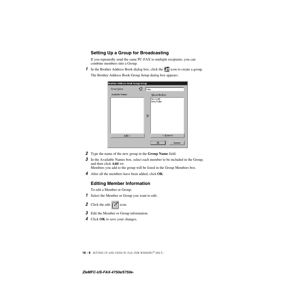 Setting up a group for broadcasting, Editing member information | Brother FAX-5750e User Manual | Page 159 / 231