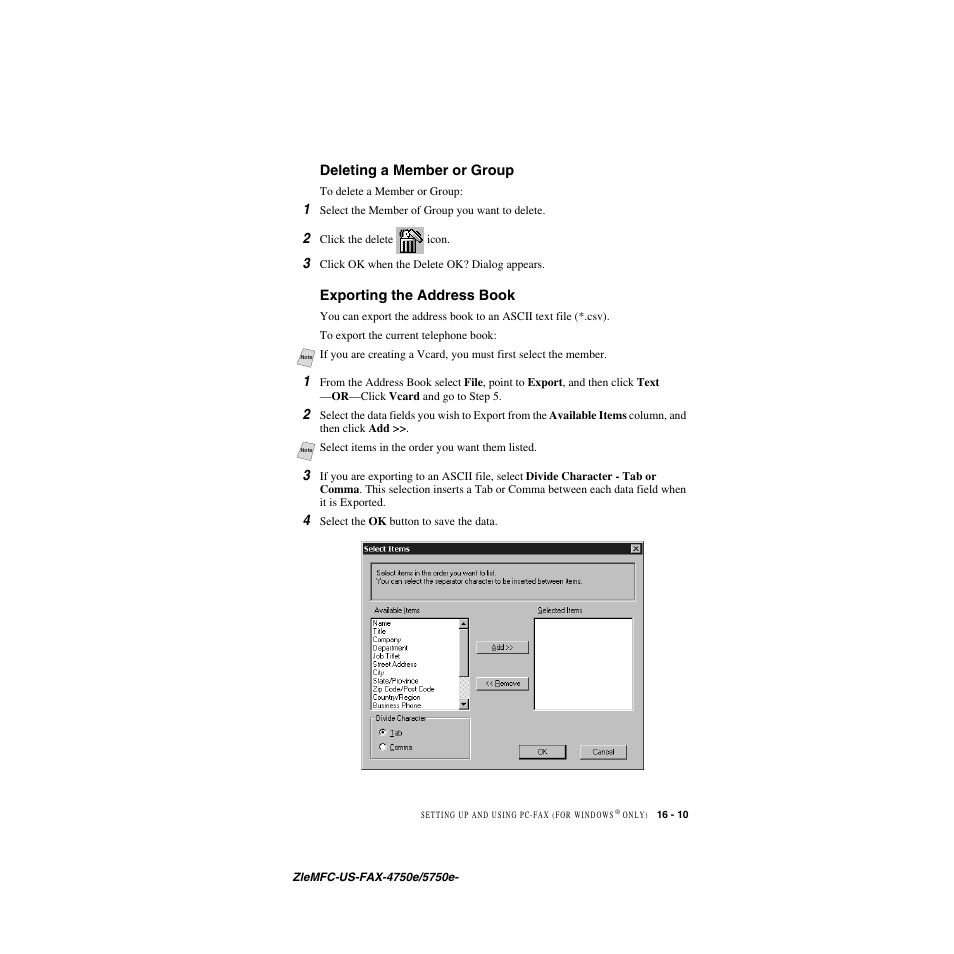 Deleting a member or group, Exporting the address book | Brother FAX-5750e User Manual | Page 160 / 231