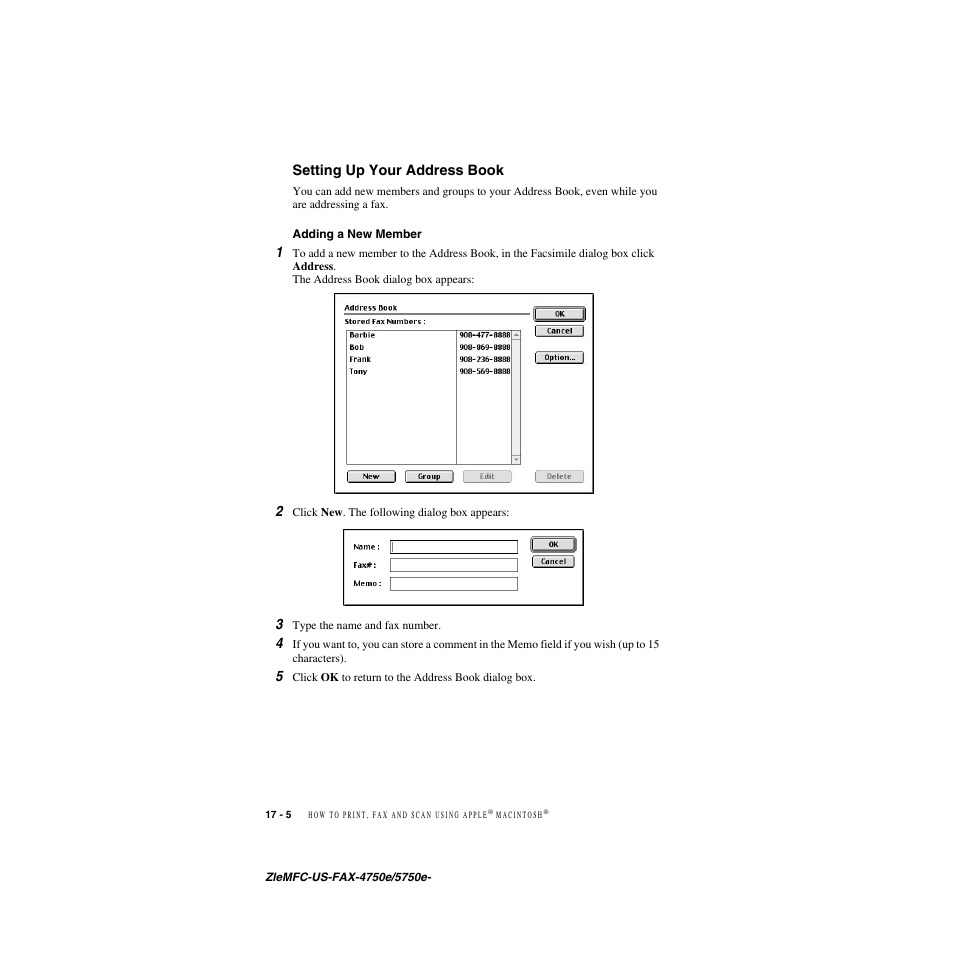 Setting up your address book, Adding a new member, Setting up your address book -5 | Adding a new member -5, To open the address book dialog box. (see, Adding a new, Member | Brother FAX-5750e User Manual | Page 171 / 231