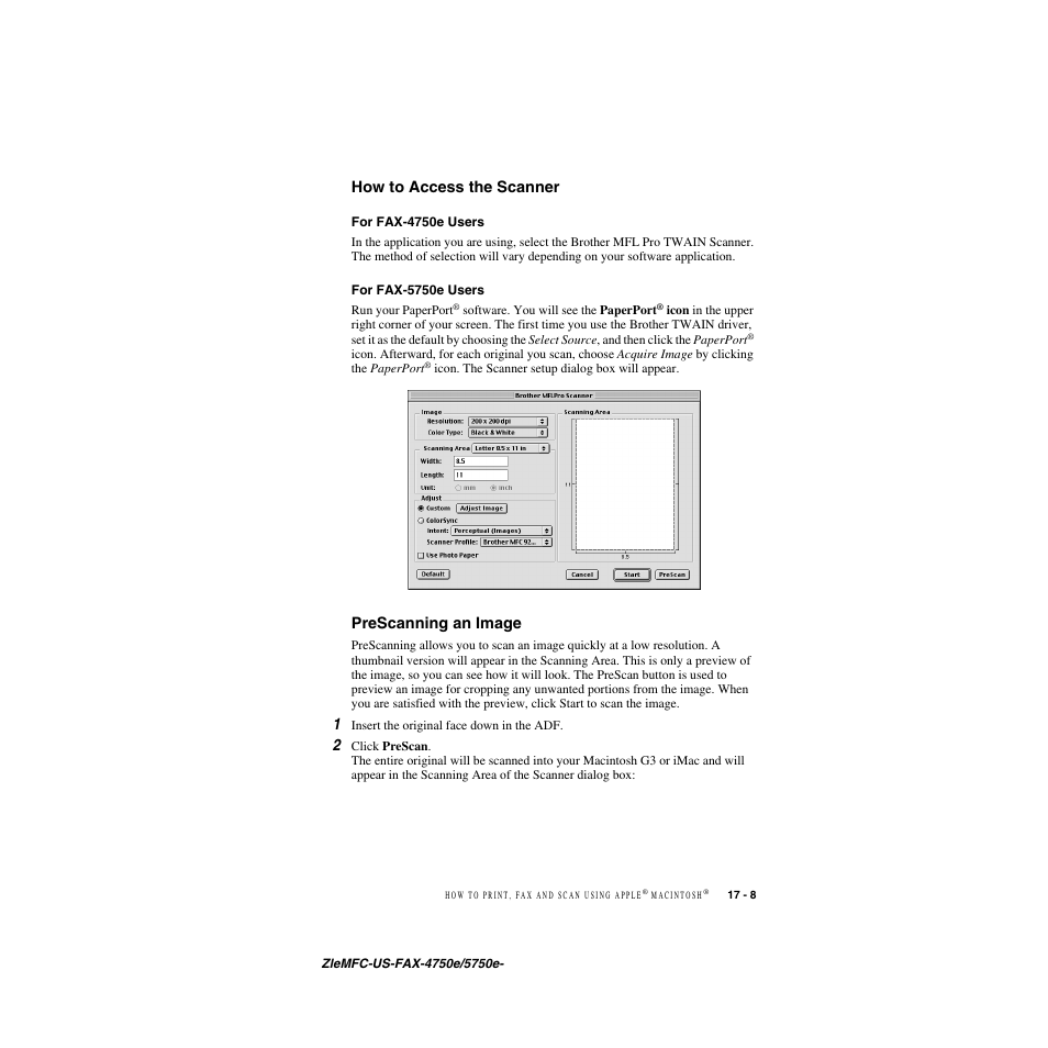 How to access the scanner, For fax-4750e users, For fax-5750e users | Prescanning an image, How to access the scanner -8, For fax-4750e users -8 for fax-5750e users -8, Prescanning an image -8 | Brother FAX-5750e User Manual | Page 174 / 231