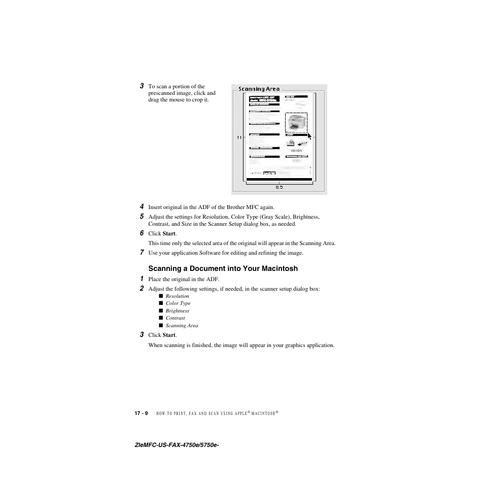 Scanning a document into your macintosh, Scanning a document into your macintosh -9, Scanning a document into your macintosh 1 | Brother FAX-5750e User Manual | Page 175 / 231