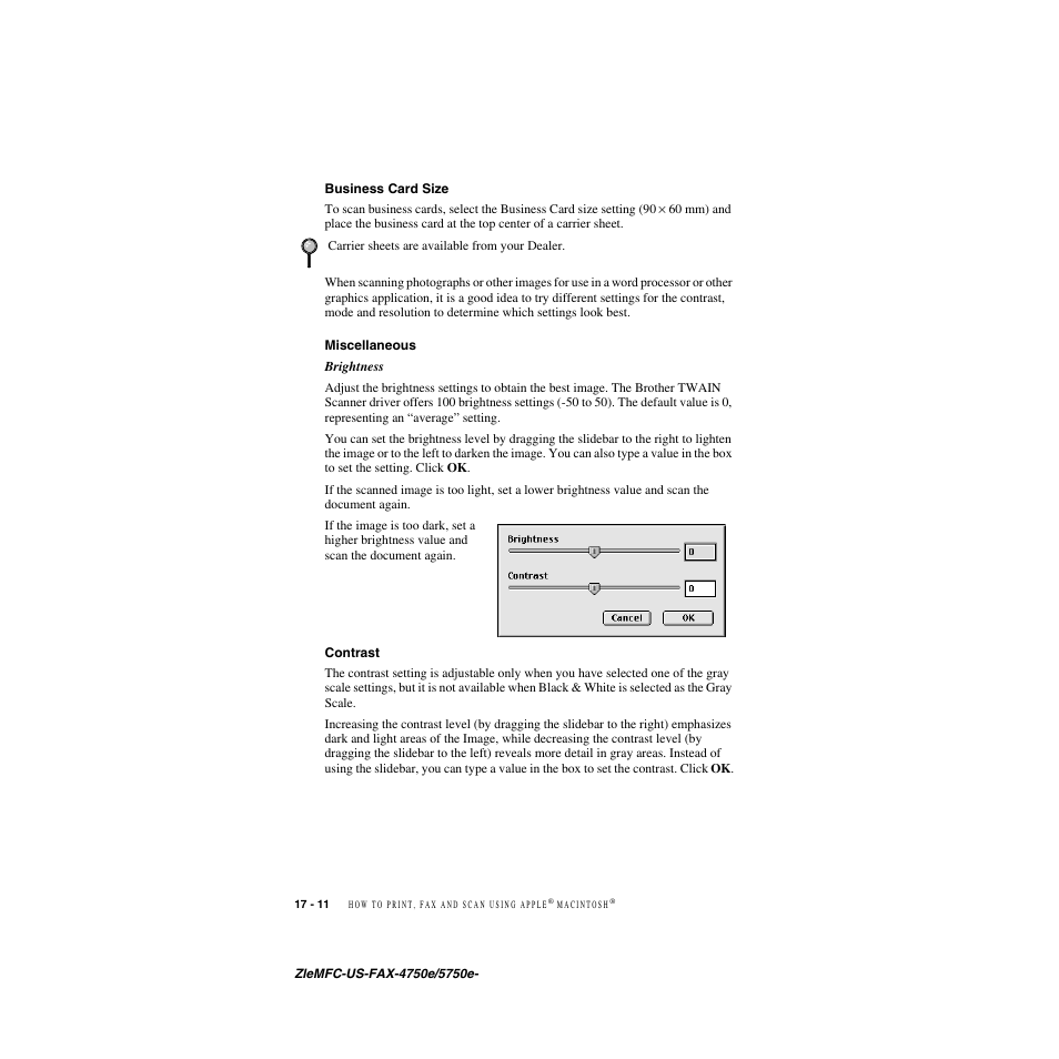 Business card size, Miscellaneous, Contrast | Brother FAX-5750e User Manual | Page 177 / 231