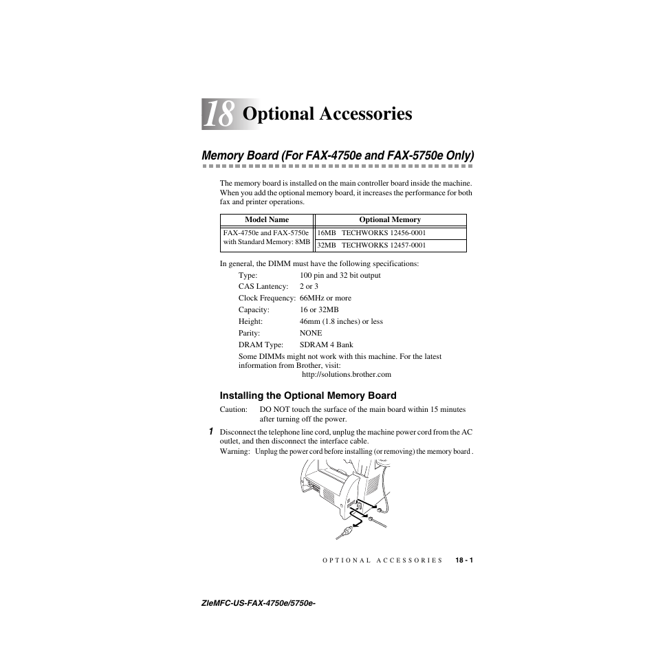 18 optional accessories, Memory board (for fax-4750e and fax-5750e only), Installing the optional memory board | Optional accessories -1, Memory board (for fax-4750e and fax-5750e only) -1, Installing the optional memory board -1, Optional accessories | Brother FAX-5750e User Manual | Page 178 / 231