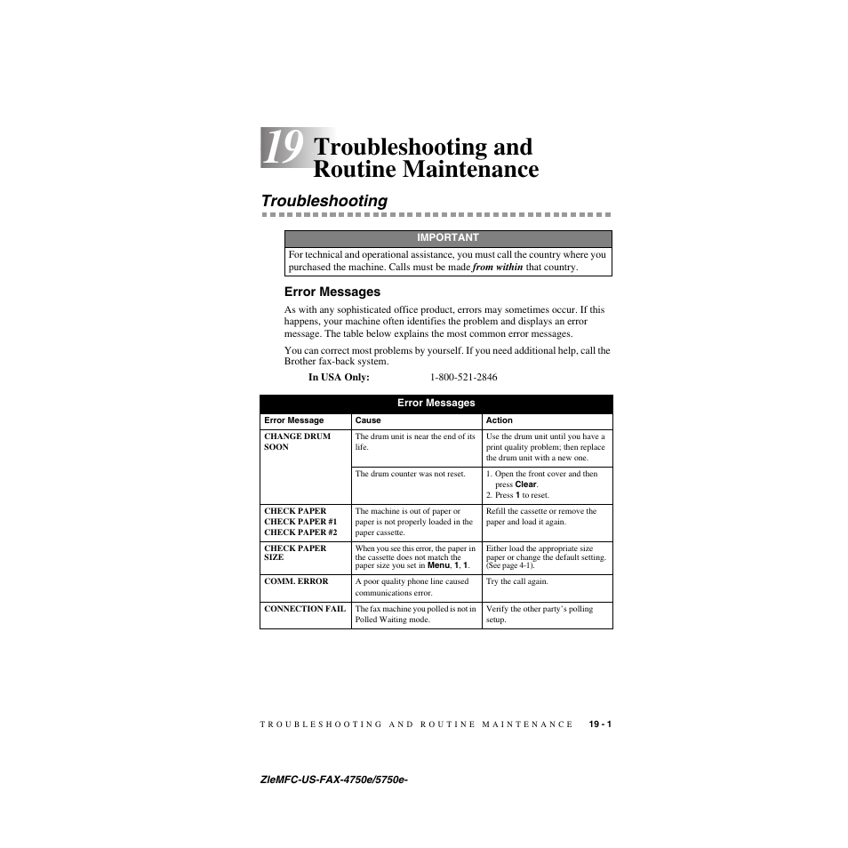 19 troubleshooting and routine maintenance, Troubleshooting, Error messages | Troubleshooting and routine maintenance -1, Troubleshooting -1, Error messages -1, Troubleshooting and routine maintenance | Brother FAX-5750e User Manual | Page 182 / 231