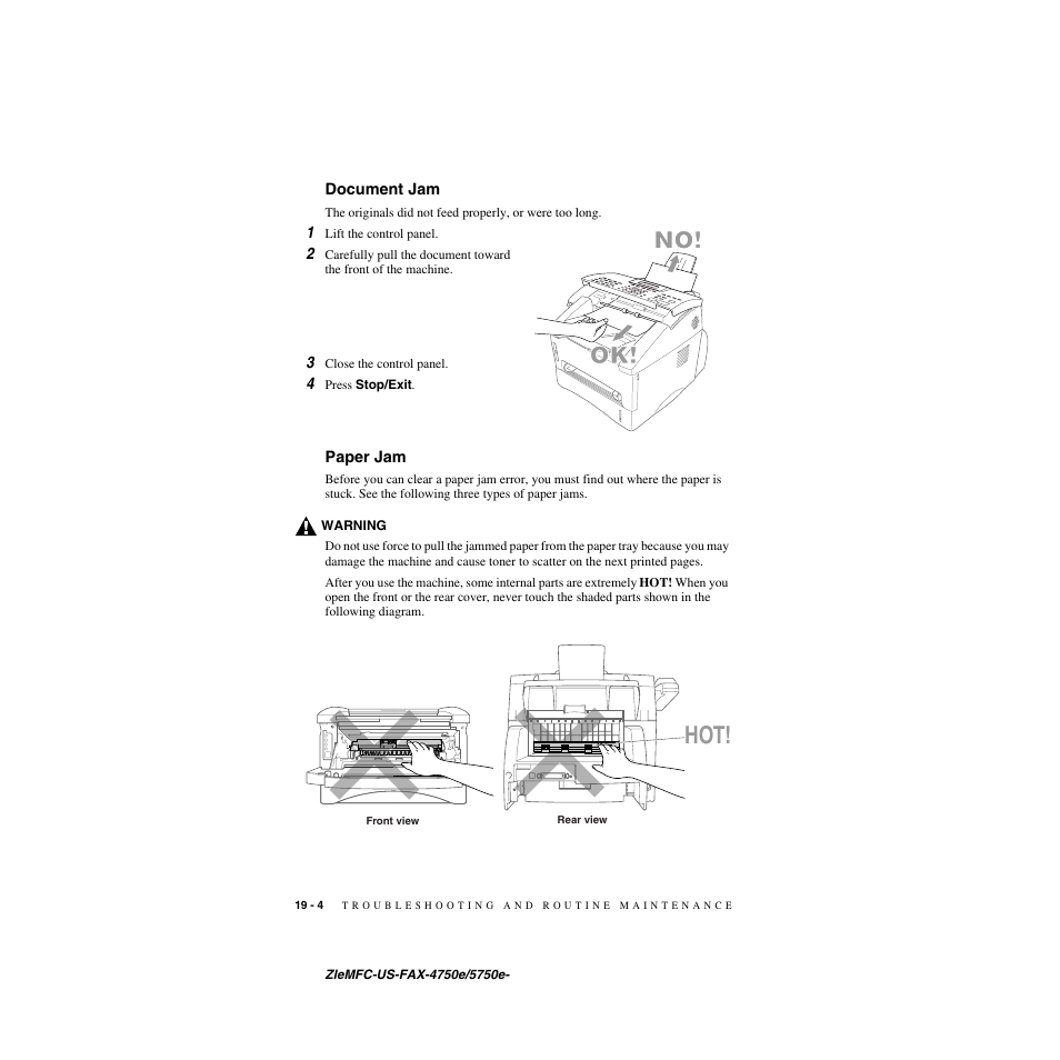 Document jam, Paper jam, Document jam -4 paper jam -4 | Brother FAX-5750e User Manual | Page 185 / 231