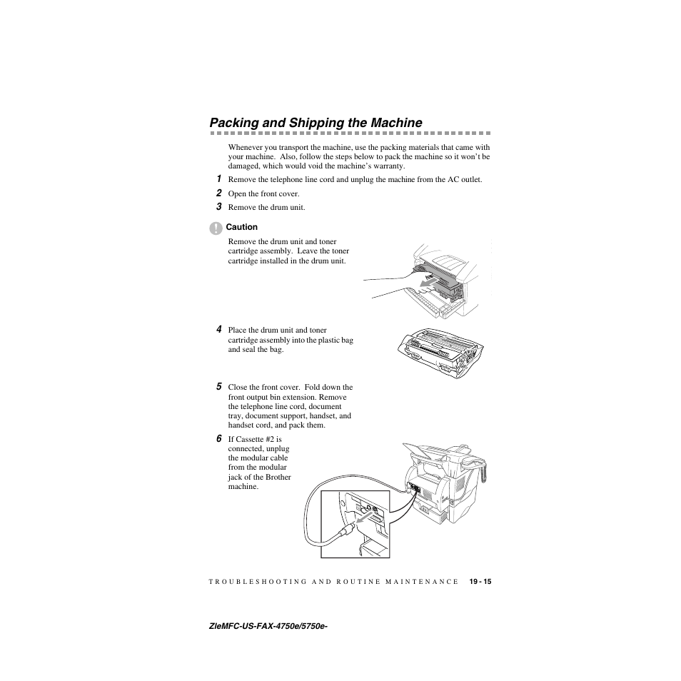 Packing and shipping the machine, Packing and shipping the machine -15 | Brother FAX-5750e User Manual | Page 196 / 231