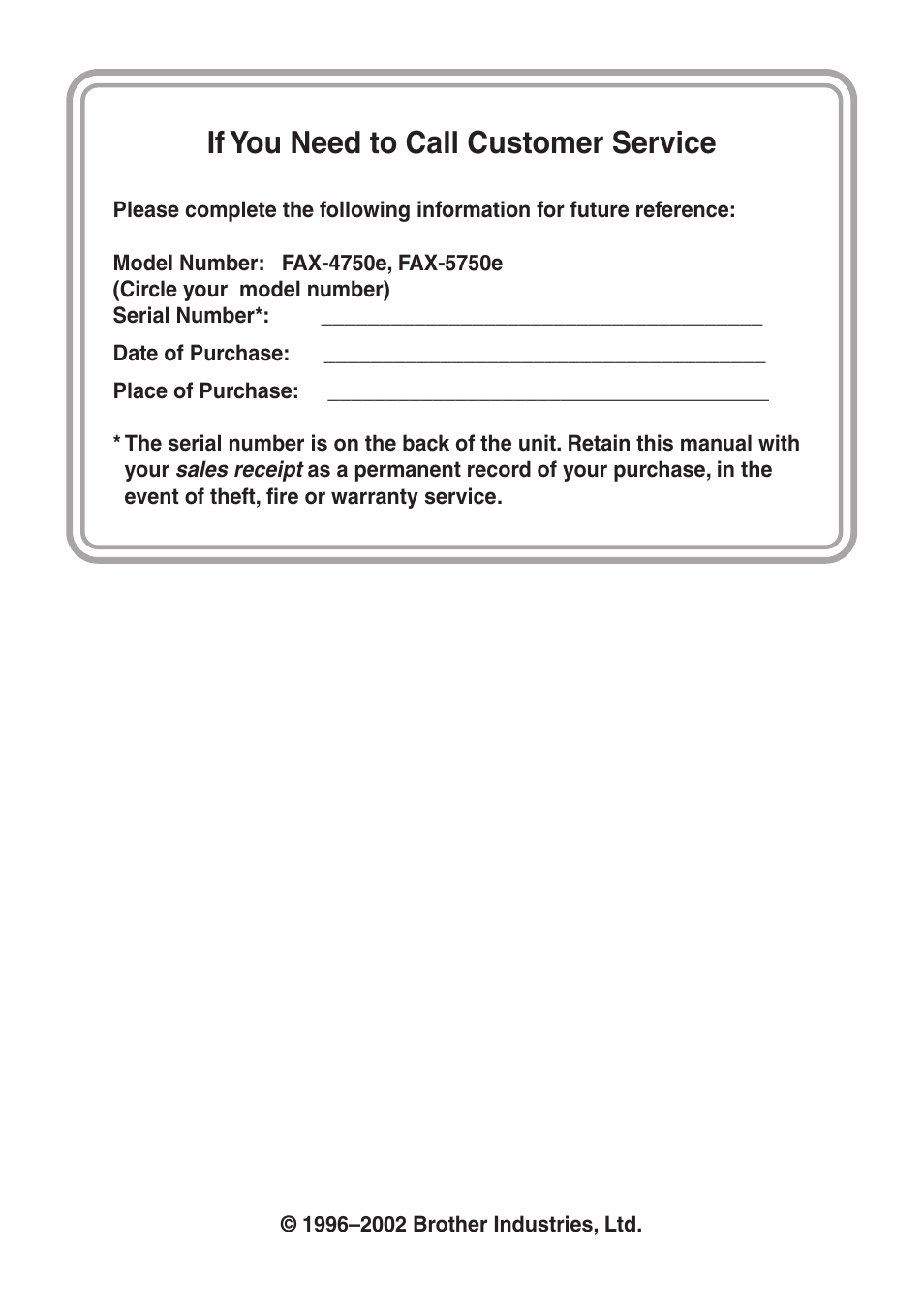 If you need to call customer service | Brother FAX-5750e User Manual | Page 2 / 231