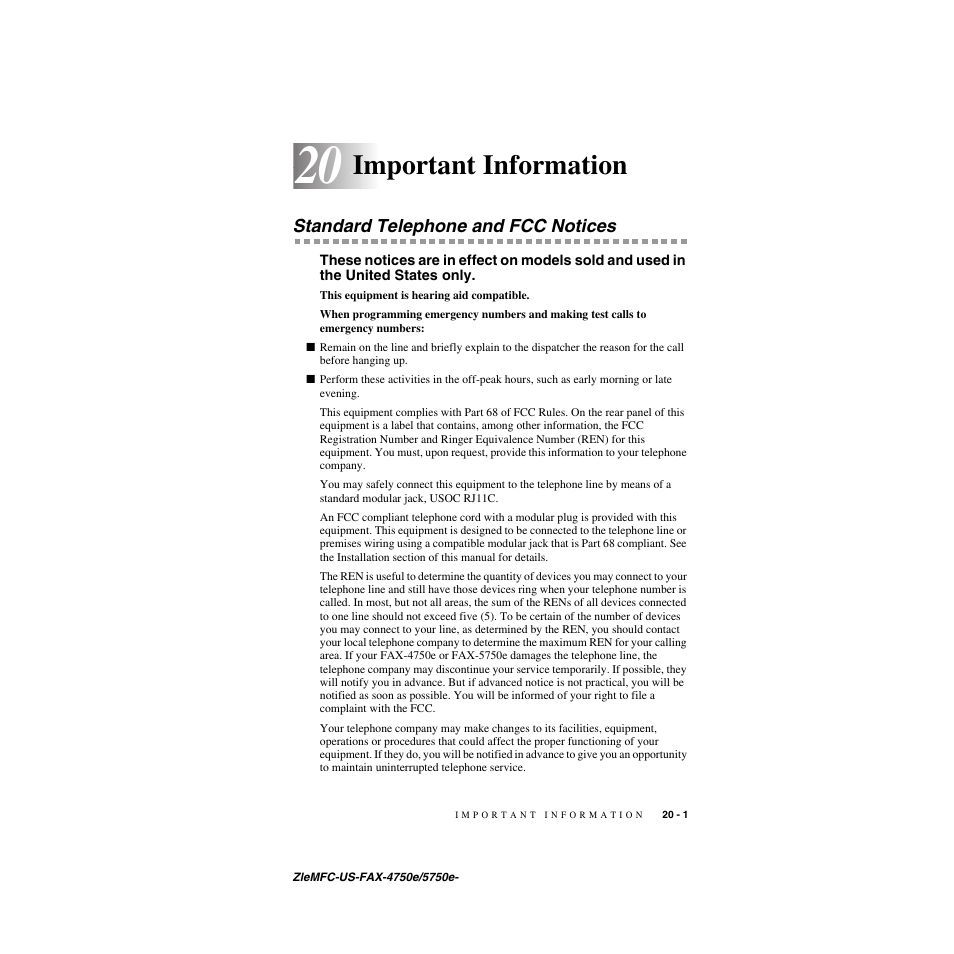 20 important information, Standard telephone and fcc notices, Important information -1 | Standard telephone and fcc notices -1, Important information | Brother FAX-5750e User Manual | Page 206 / 231