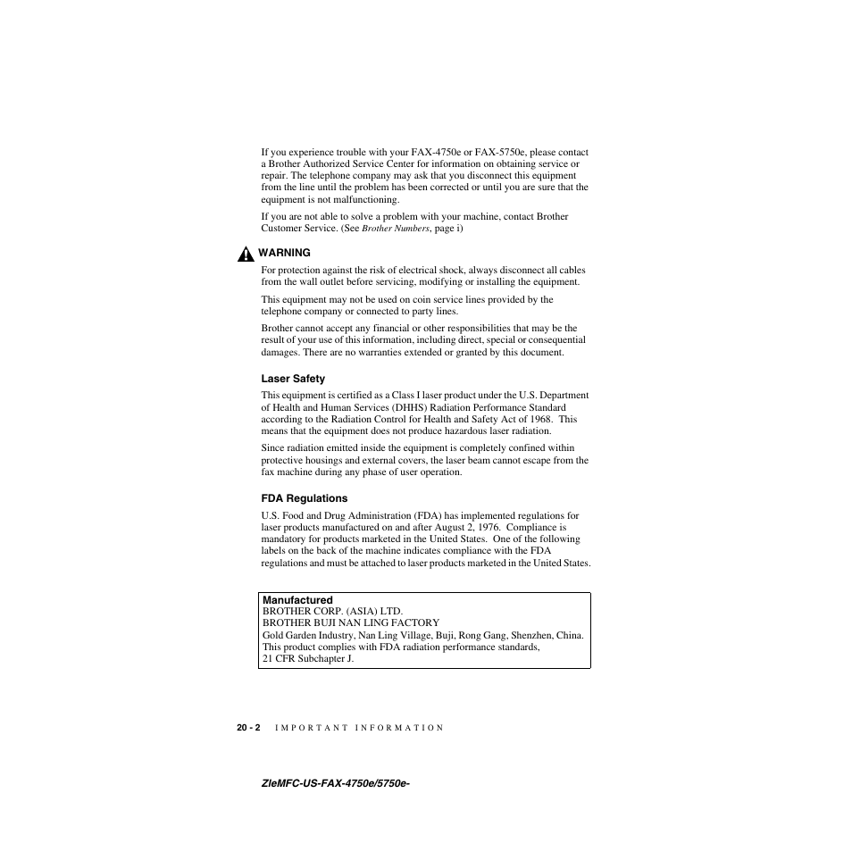 Laser safety, Fda regulations, Manufactured | Laser safety -2 fda regulations -2 manufactured -2 | Brother FAX-5750e User Manual | Page 207 / 231