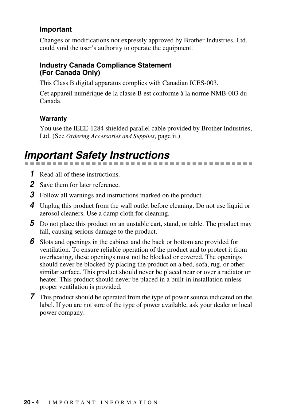 Important, Warranty, International energy star® compliance statement | Important safety instructions, Important -4 industry canada compliance statement, For canada only) -4, Warranty -4, Important safety instructions -4 | Brother FAX-5750e User Manual | Page 209 / 231